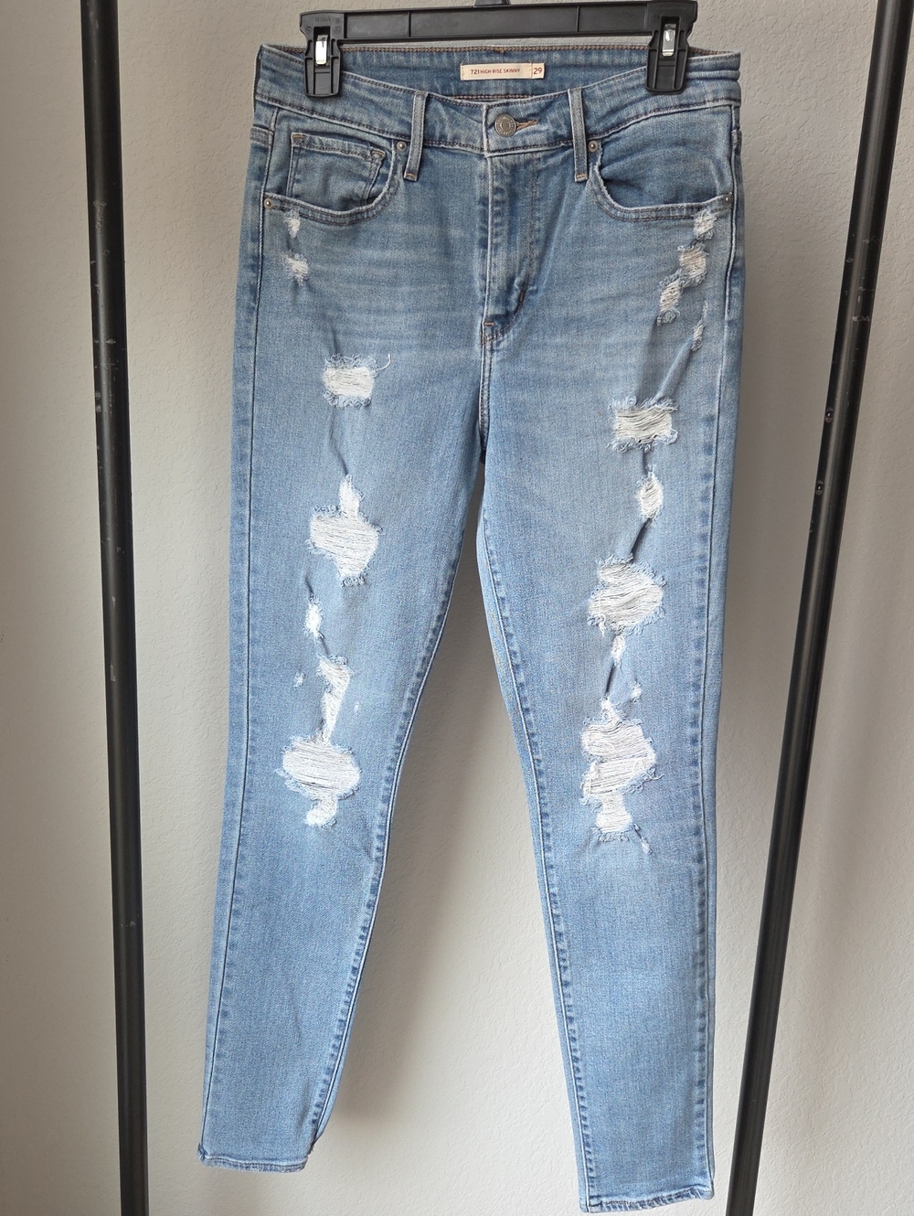 Levi's 721 High Rise Skinny Light Blue Denim Holy Distressed Jeans 29 Grunge